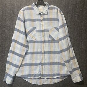 Billy‎ Reid Linen Shirt Mens 2XL XXL Blue Plaid Button Up Beach Coastal Pockets